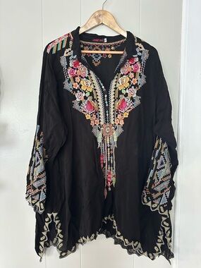 Johnny Was Black Tunic with Multicolor Floral Embroidery XL